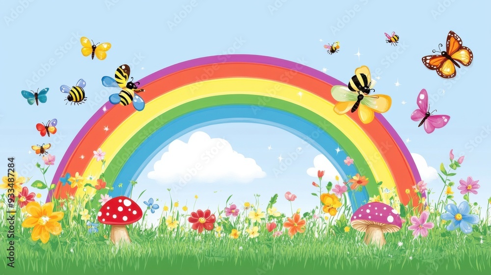 Colorful illustration of a rainbow, butterflies, bees, mushrooms, and flowers in a vibrant field. Colorful illustration of a rainbow, butterflies, bees, mushrooms, and flowers in a vibrant field.