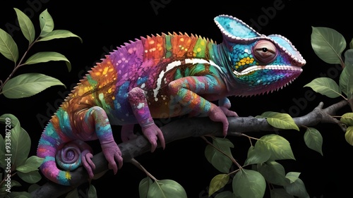 Generative AI illustration of realistic multicolored chameleon with iridescent skin in speckles sitting on branch of a bush over black background