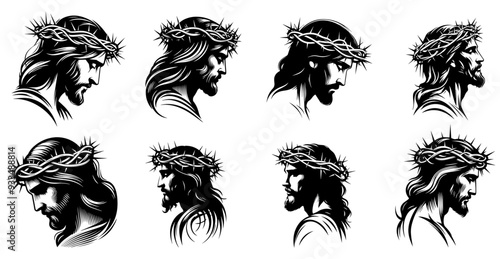 set of jesus christ portrait line art vector illustrations, black and white jesus character