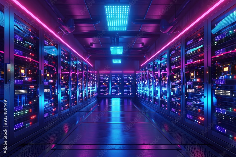 Fototapeta premium Modern Cryptocurrency Data Center with Neon LED Lighting