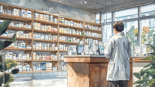 Watercolor hospital pharmacy with shelves of medicine and a friendly pharmacist.