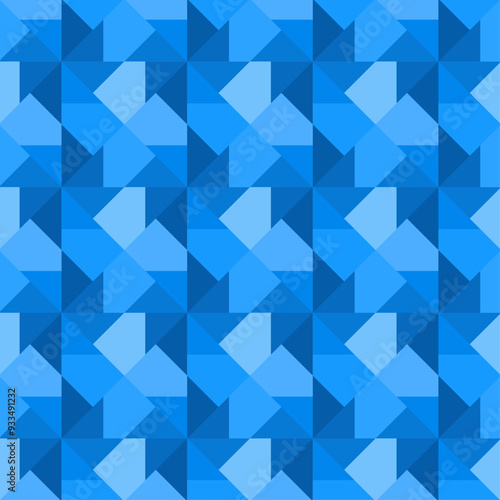 Seamless mosaic pattern consisting of triangular shapes arranged to resemble windmills in shades of blue. Suitable for graphic design, interior decoration, textile, fashion, print, wrapping, etc.