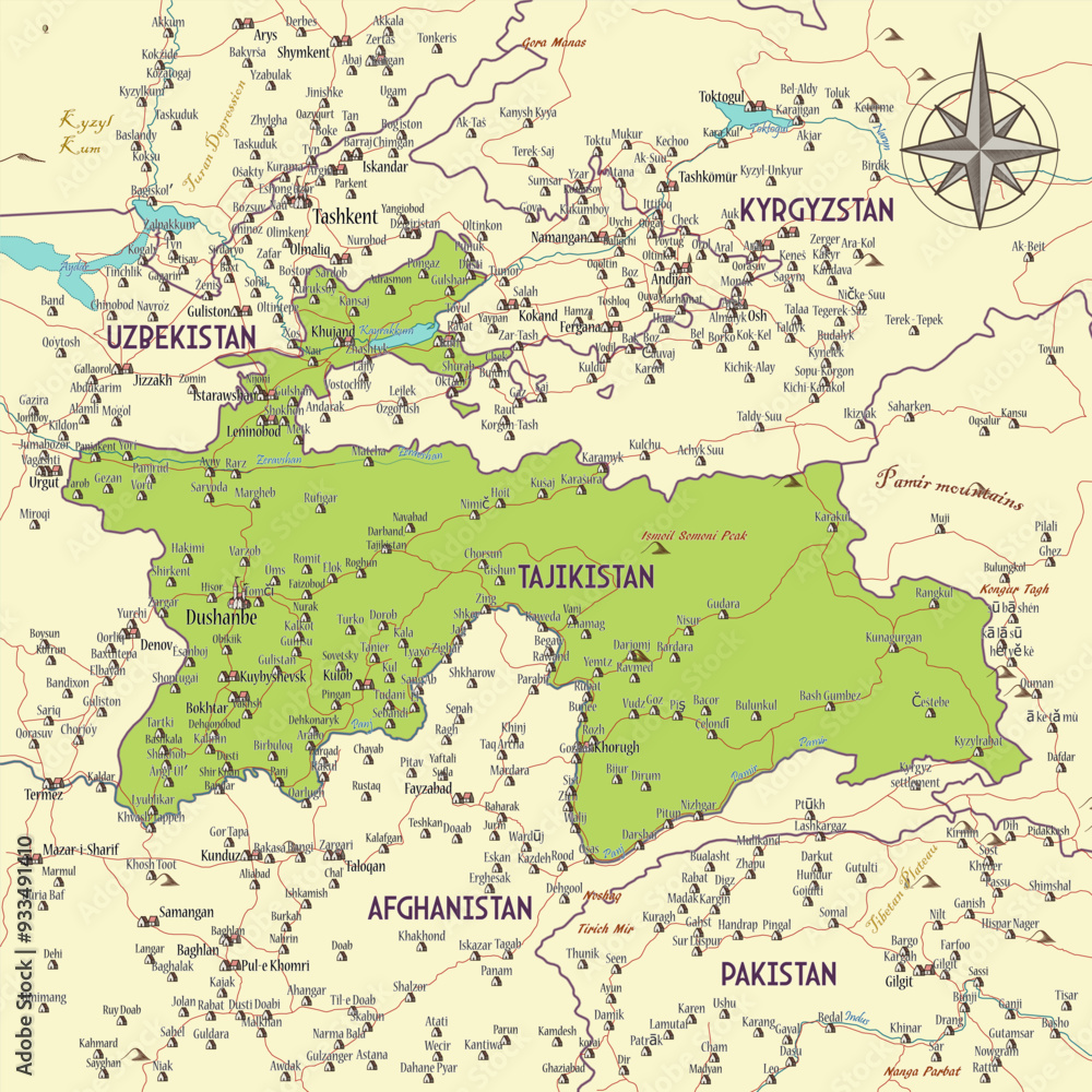 Fototapeta premium Map of Tajikistan vintage fantasy style