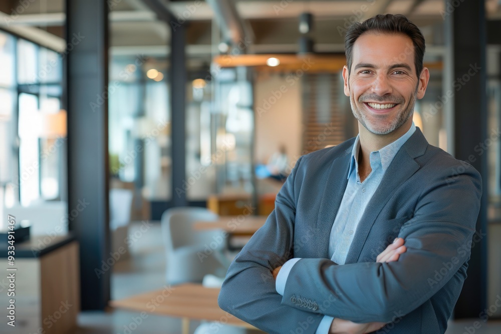 Businessman in a modern office with arms crossed, smiling, captured in a realistic photo style. Businessman in a modern office with arms crossed, smiling, captured in a realistic photo style.
