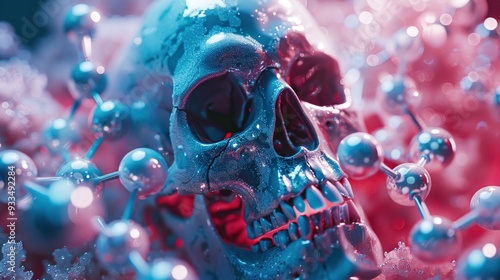 Transparent Skull with Molecular Structures in Futuristic Lab