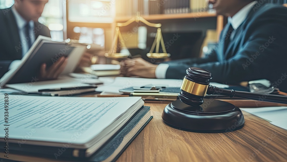 Lawyers in office with gavel and legal documents. Lawyers in office with gavel and legal documents.