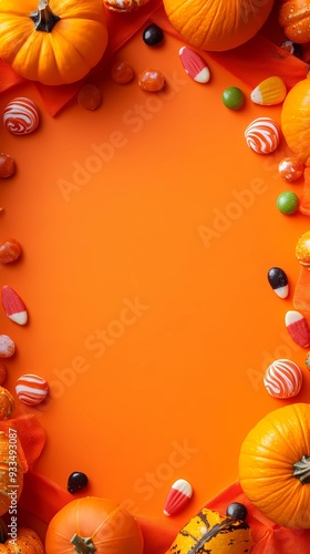 Halloween party scene on orange background, candy, pumpkins, space for text