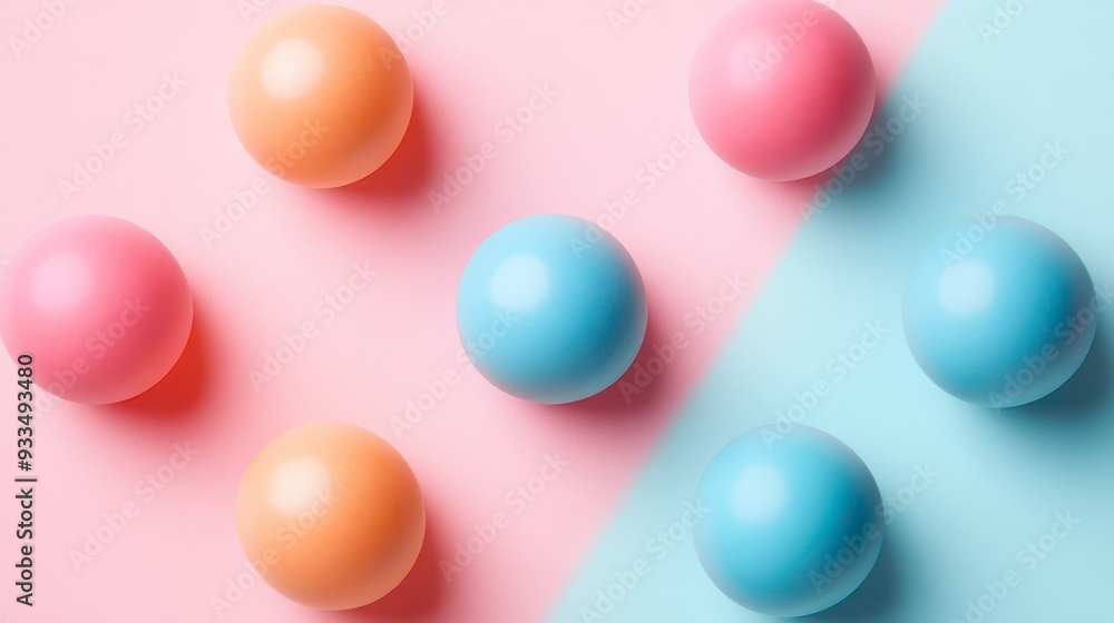 Colorful balls arranged on a pastel background in a playful layout Colorful balls arranged on a pastel background in a playful layout