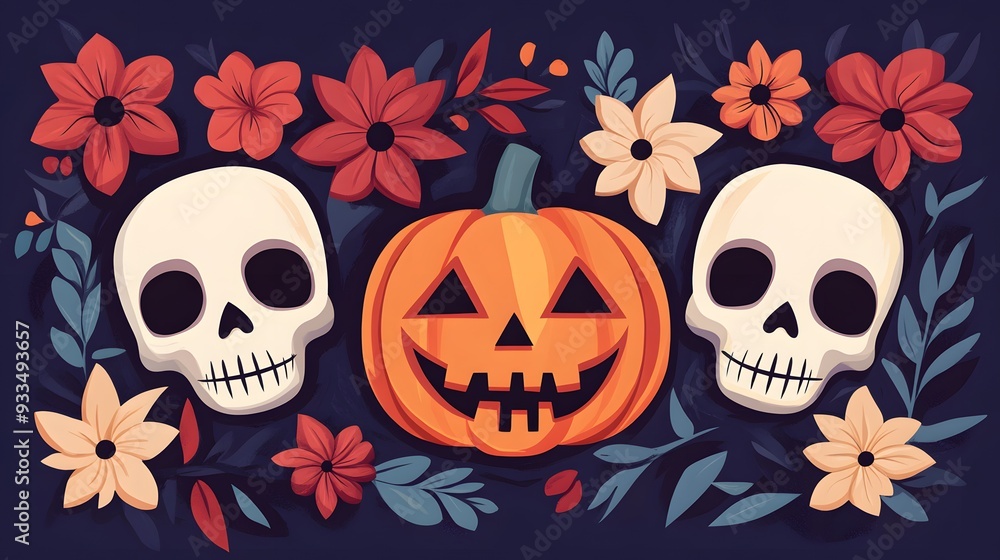 A festive Halloween background with a jack-o-lantern, skulls, and floral elements. A festive Halloween background with a jack-o-lantern, skulls, and floral elements.