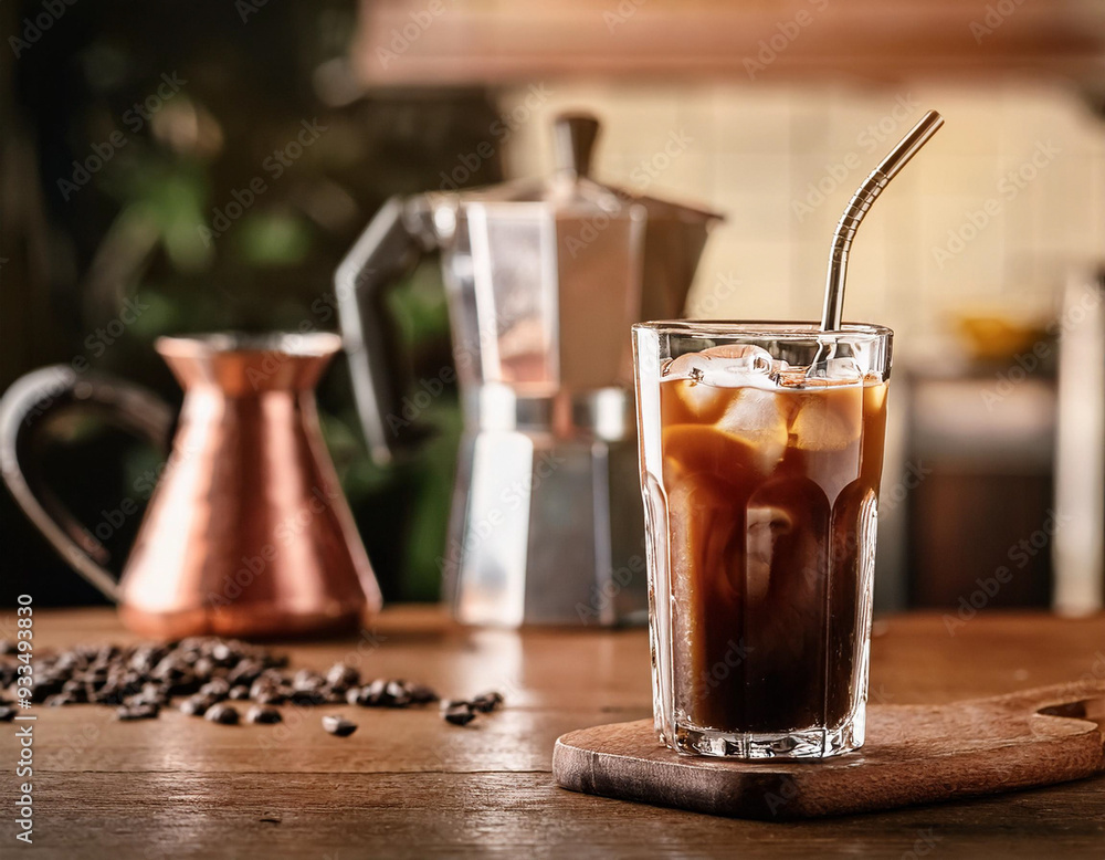 Iced coffee in the glass in wooden table with vintage items in the background Iced coffee in the glass in wooden table with vintage items in the background