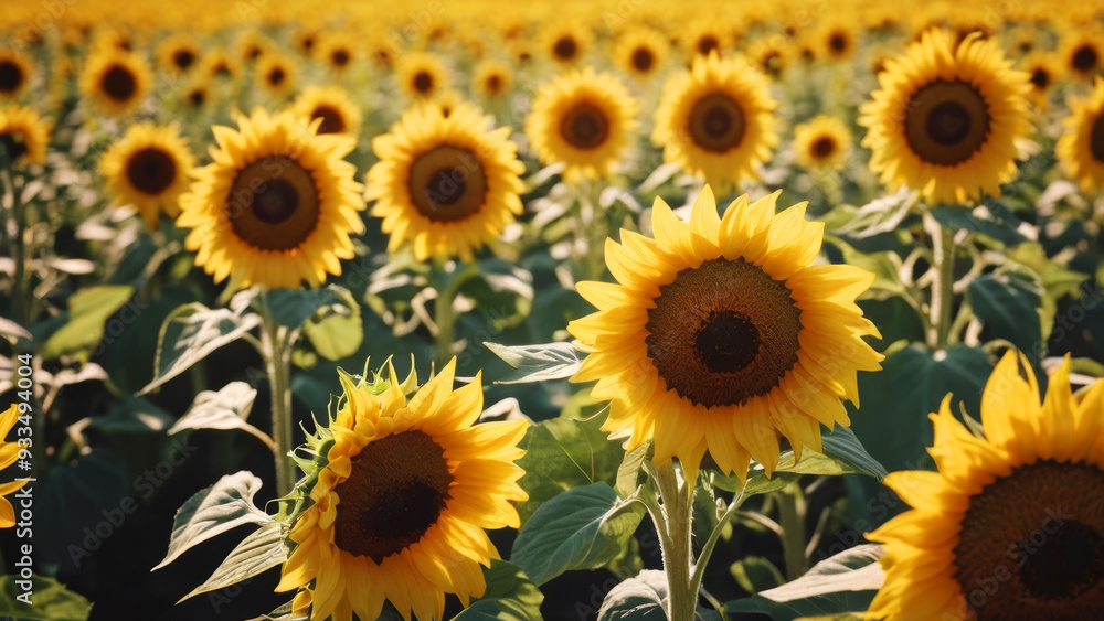 Fototapeta premium Field of sunflowers to the horizon with a beautiful sunset in the background