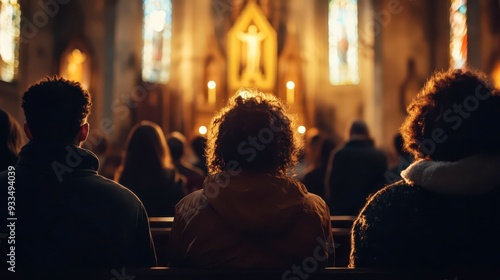 People gathered in a church for a candlelight service at dusk