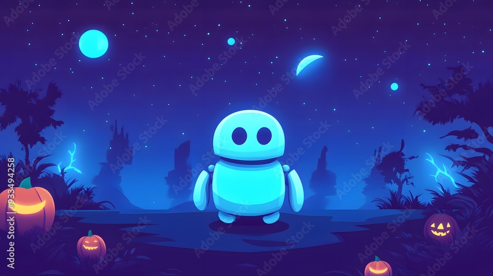 Naklejka premium A glowing robot stands in a spooky Halloween night scene with jack-o-lanterns and a dark, starry sky.