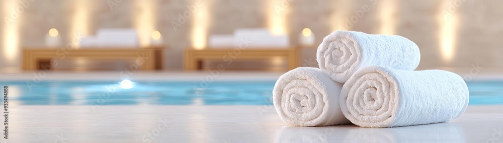 A spa s indoor pool area with wooden loungers, soft towels, and ambient lighting, creating a serene and calming space A spa s indoor pool area with wooden loungers, soft towels, and ambient lighting, creating a serene and calming space