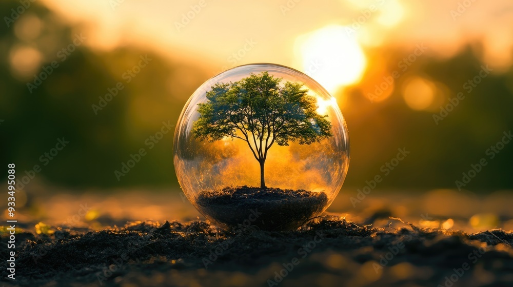 A young tree inside a glass orb on forest ground, with a sunset backdrop, highlighting the theme of environment protection and Earth care. A young tree inside a glass orb on forest ground, with a sunset backdrop, highlighting the theme of environment protection and Earth care.