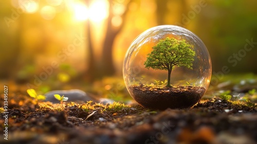 A young tree inside a glass orb on forest ground, with a sunset backdrop, highlighting the theme of environment protection and Earth care.