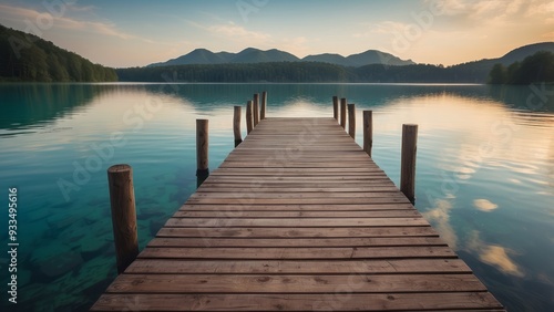 Wooden Dock Extending into Calm Lake with Mountains in the Distance