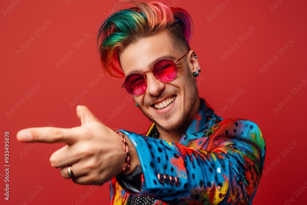 Young man vivid hairstyle and cheerful smile creates charismatic look. Handsome young man radiates charm his colorful and unique look. Charm and confidence stemming from appealing colorful appearance. Young man vivid hairstyle and cheerful smile creates charismatic look. Handsome young man radiates charm his colorful and unique look. Charm and confidence stemming from appealing colorful appearance.