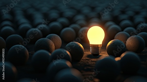3D rendering of a single glowing light bulb among many dark, closed bulbs in a dim area, with ample space for creative text