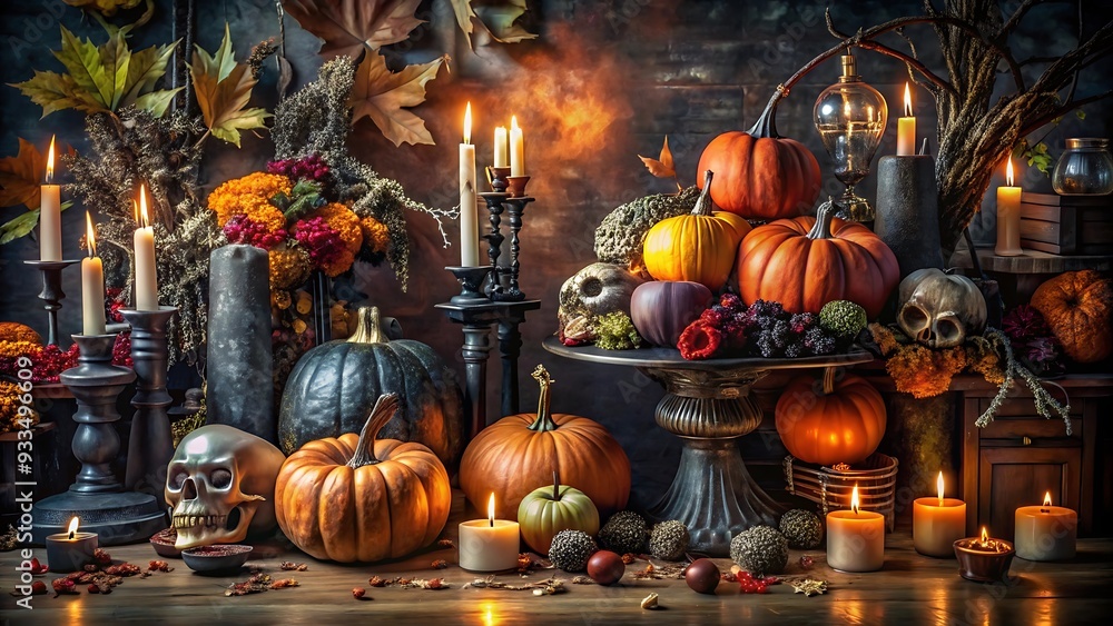 Obraz premium A spooky Halloween still life featuring carved pumpkins, flickering candles, and eerie skulls. Perfect for setting the mood for a fright night.