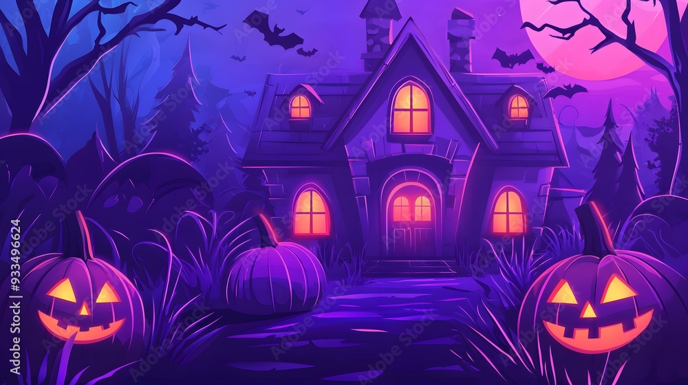 A spooky haunted house with glowing windows and jack-o-lanterns on a moonlit night. A spooky haunted house with glowing windows and jack-o-lanterns on a moonlit night.