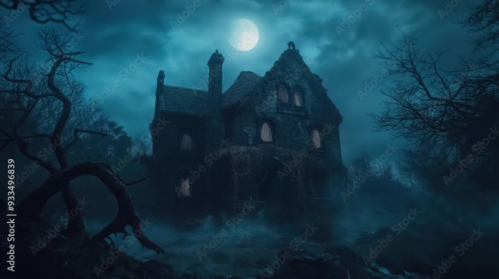 A dark and eerie haunted house set against a moonlit sky, with broken windows, twisted trees, and fog swirling around the ground, capturing a sense of foreboding and mystery A dark and eerie haunted house set against a moonlit sky, with broken windows, twisted trees, and fog swirling around the ground, capturing a sense of foreboding and mystery