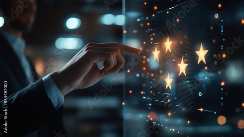 A virtual screen for a customer service review and performance review of efficient work or a business plan using online technology, against a dark blue background with copy space