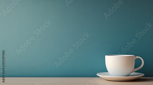 A white coffee cup sits on a white plate on a wooden table