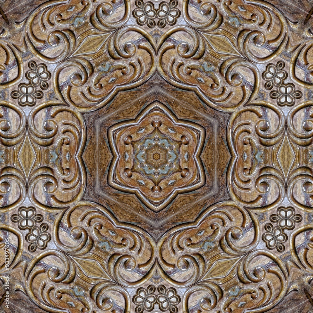 Antique Mughal art carved on expensive wood surface. Wooden engraved design for border, frame, flooring, wallcovering, furniture decoration, tiles, wrapping paper printing Antique Mughal art carved on expensive wood surface. Wooden engraved design for border, frame, flooring, wallcovering, furniture decoration, tiles, wrapping paper printing
