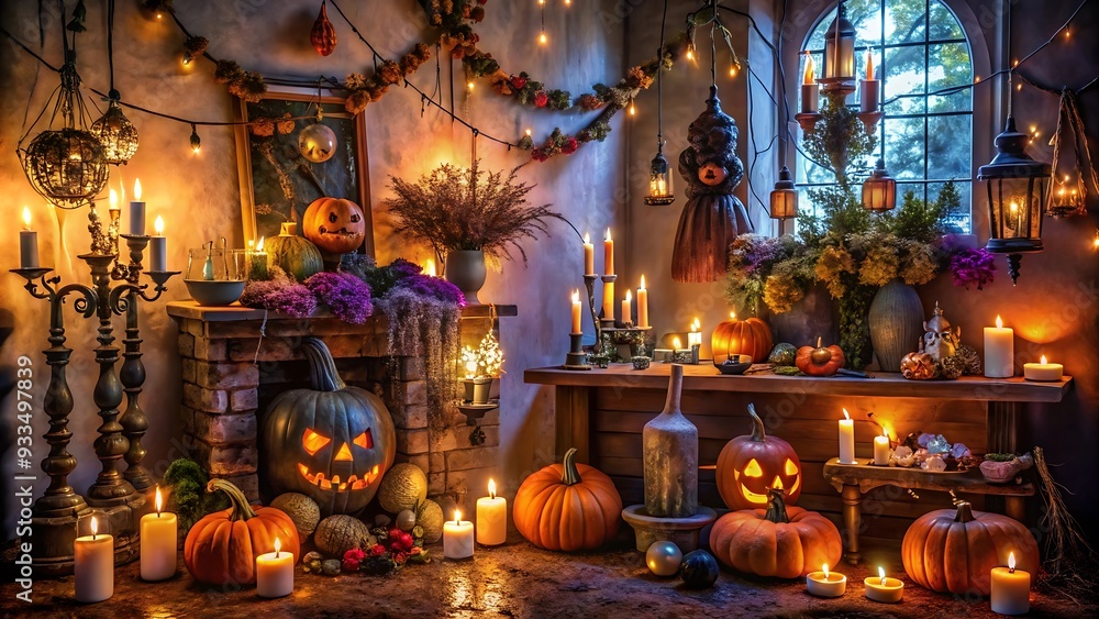 Obraz premium Carved pumpkins illuminated by a fire, casting eerie shadows on a wall, create a spooky autumnal ambiance