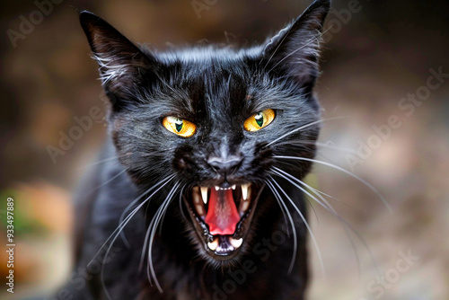 Angry black cat hissing with sharp fangs and piercing yellow eyes, displaying intense emotion.