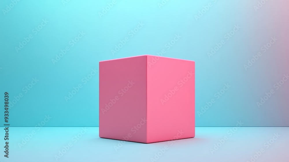 A pink cube is sitting on a blue background A pink cube is sitting on a blue background