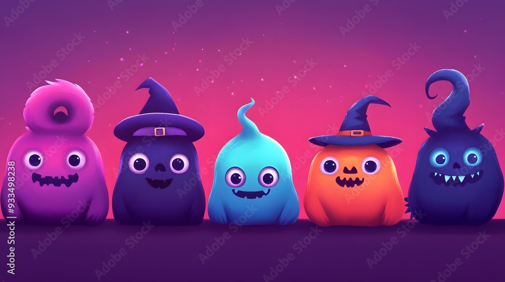 Cute Halloween monsters in colorful costumes, smiling and happy. Perfect for festive celebrations and spooky decorations.