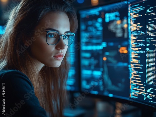 AI Cybersecurity Concept. Female IT Specialist Analyzing Digital Threats in Dark Office