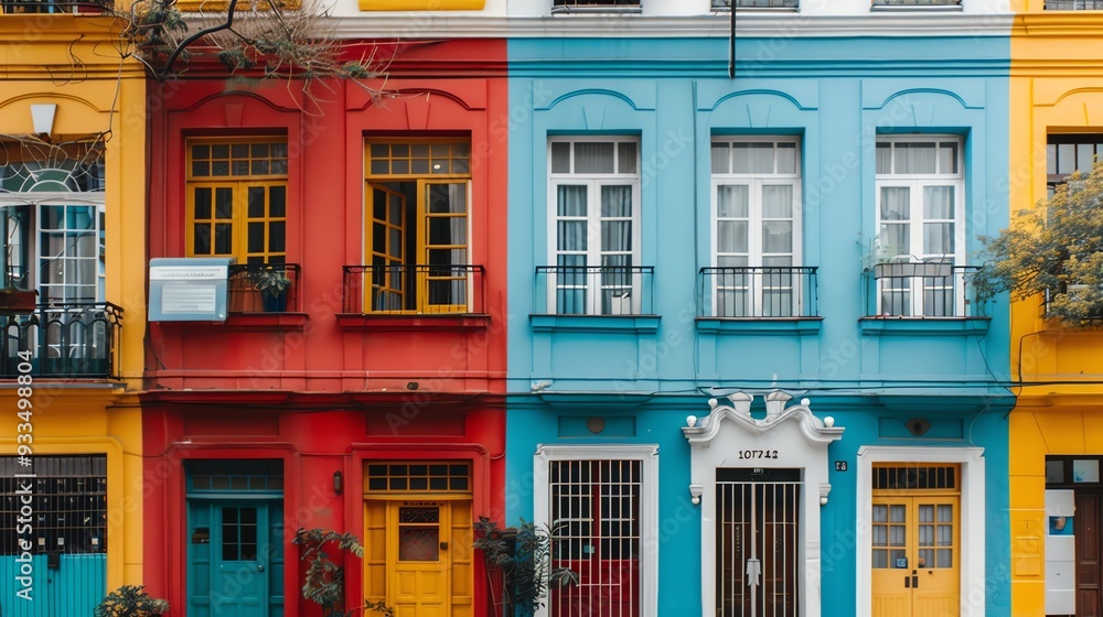 A row of brightly colored houses on a sunny day. A row of brightly colored houses on a sunny day.