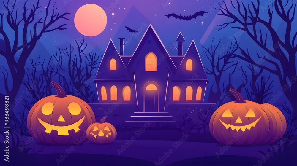 Fototapeta premium Haunted house with glowing pumpkins and a full moon in the night sky. Perfect for Halloween backgrounds and decorations.