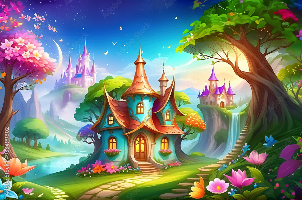 Fototapeta premium Fairytale kingdom houses in a forest landscape.