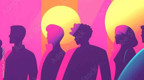 Silhouettes of diverse people standing in front of a colorful abstract background.