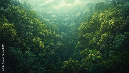 Dense, verdant rainforest with sunlight filtering through.