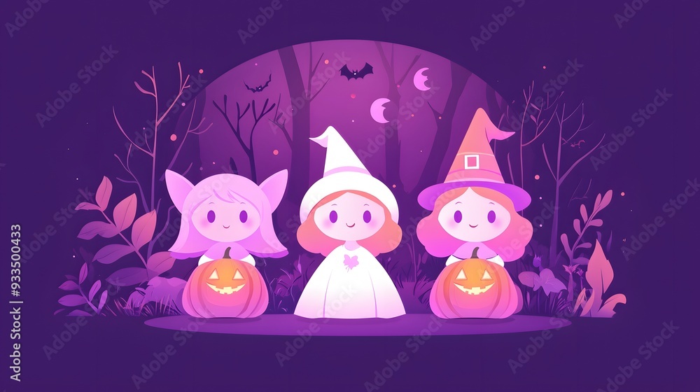 Naklejka premium Three adorable girls dressed as a witch, ghost, and cat hold jack-o-lanterns in a magical forest.