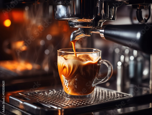 Superb Barista adding steamed milk into a cup of coffee in a cafe