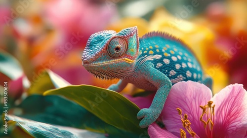 4K Realistic Camouflaged chameleon on colorful flower, changing colors,