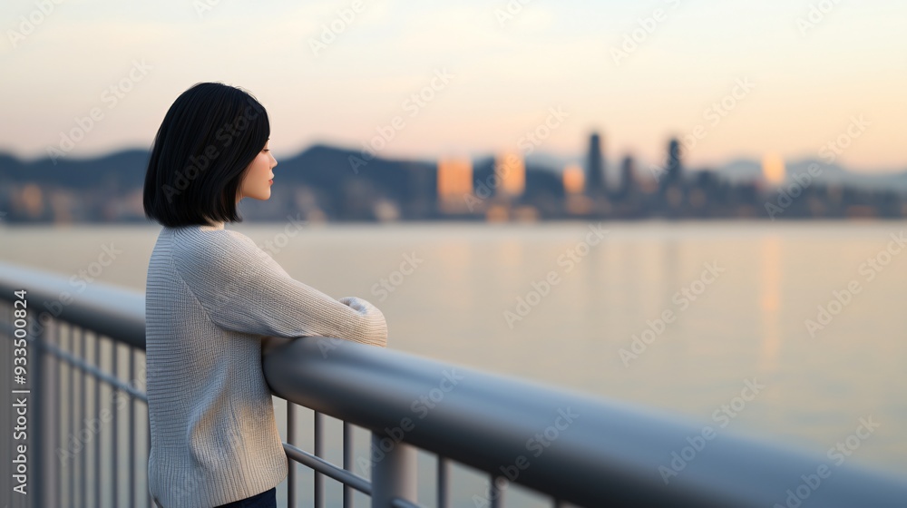 Woman leaning on the railing of a bridge side perspective cityscape in the distance 3D illustration Woman leaning on the railing of a bridge side perspective cityscape in the distance 3D illustration