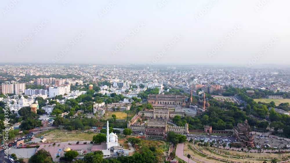 Aerial view of bada Imambara complex on city road with rumi darwaza Islamic architecture built by nawab asaf-ud-daulain 1784, lucknow, uttar pradesh, India, asia. Aerial view of bada Imambara complex on city road with rumi darwaza Islamic architecture built by nawab asaf-ud-daulain 1784, lucknow, uttar pradesh, India, asia.