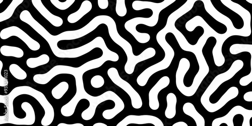 Abstract Turing organic wallpaper with background. Turing reaction diffusion monochrome seamless pattern with chaotic motion. Natural seamless line pattern. Linear design with biological shapes.