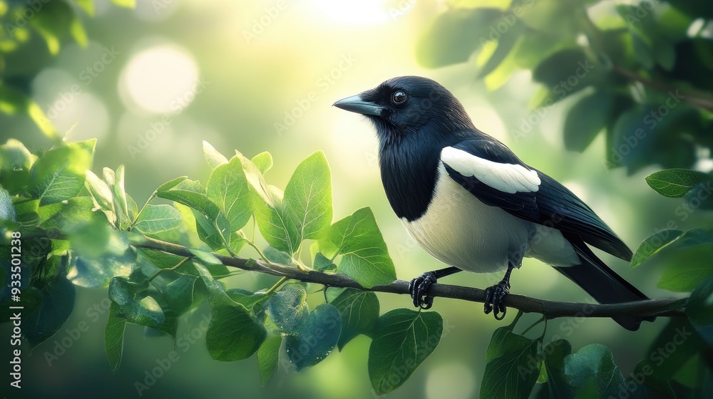 Close-up of a magpie on a green leafy branch, the bird eyes sparkling as it gazes into the distance, with a serene sky in the background. Close-up of a magpie on a green leafy branch, the bird eyes sparkling as it gazes into the distance, with a serene sky in the background.
