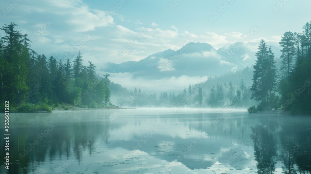 Fototapeta premium A misty mountain lake surrounded by dense forest, with reflections on the calm water creating a tranquil and ethereal scene.