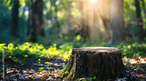 Wallpaper Mural A tree stump in a lush green forest, illuminated by a ray of sunlight, creating a peaceful and serene woodland scene. Torontodigital.ca
