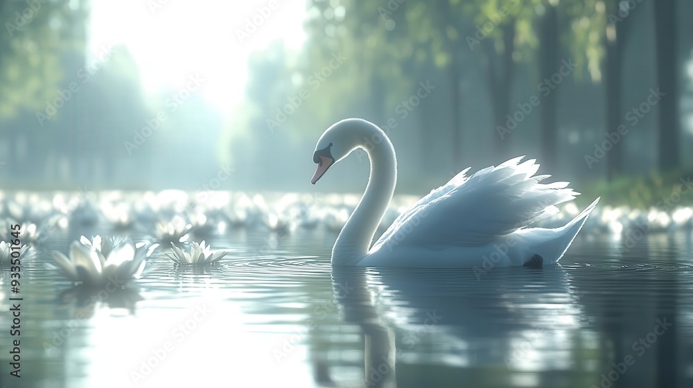 Fototapeta premium 4K Realistic Graceful swan gliding on serene pond,