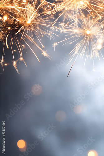 Happy New Year background with fireworks! Christmas and New Year holidays festive background with copy space.  photo